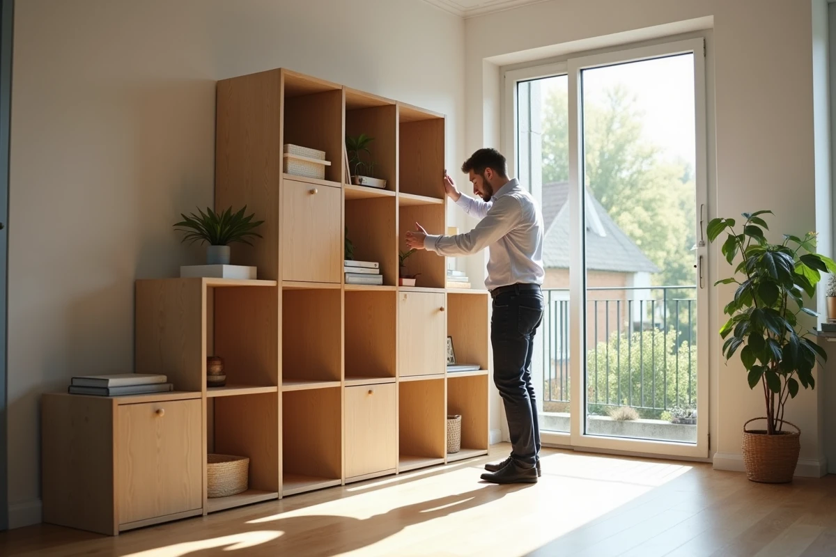 Jeune homme organisant des cubes de rangement dans un studio lumineux