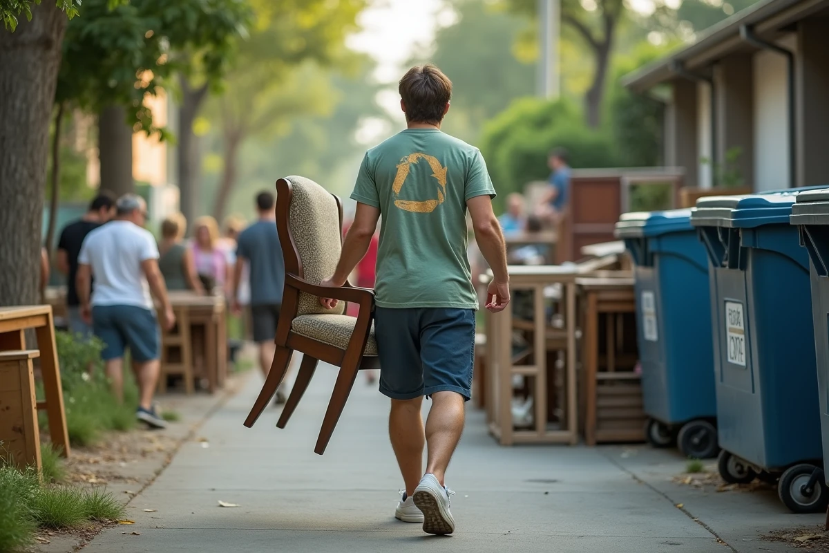 Jeune homme portant une chaise vers un centre de recyclage urbain