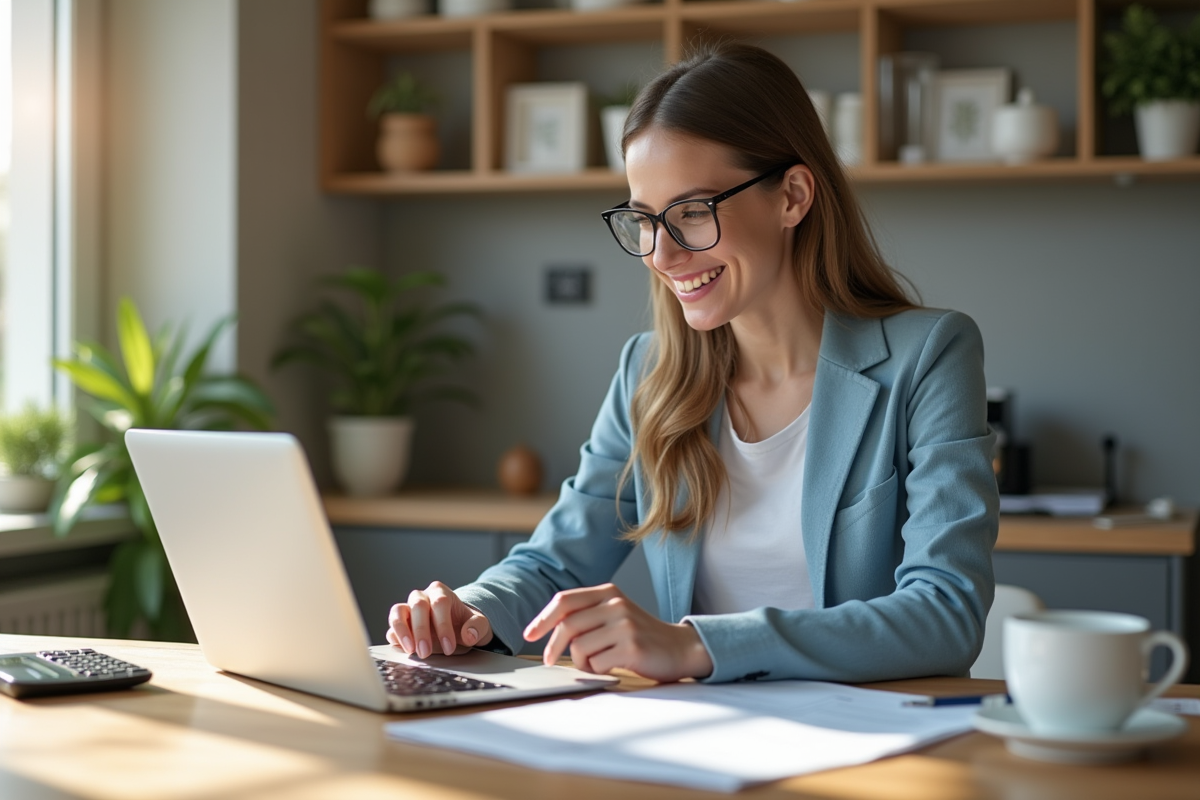 Jeune professionnel souriant calculant ses revenus locatifs à une table moderne