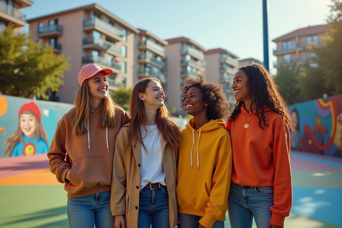 Jeunes riant sur une aire de jeux color&eacute;e &agrave; Bergerac