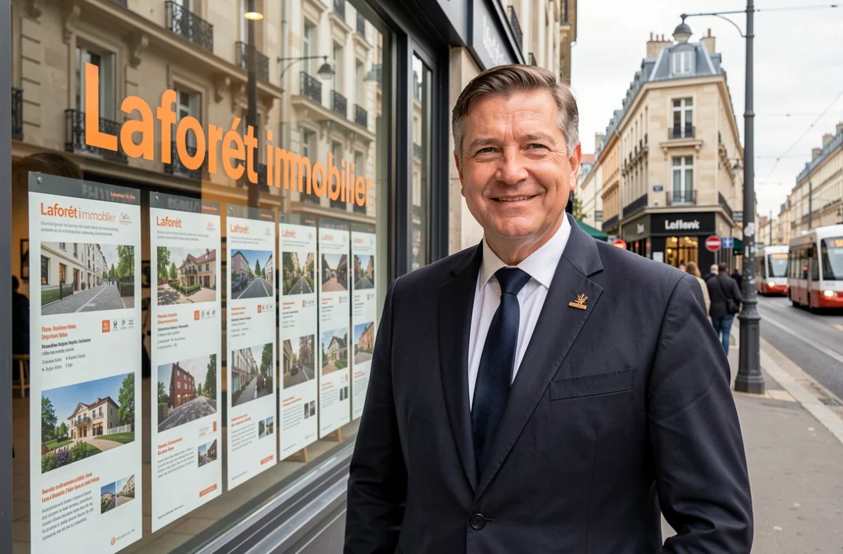 Agent Laforêt Dijon devant la vitrine de l'agence avec des annonces immobilières affichées