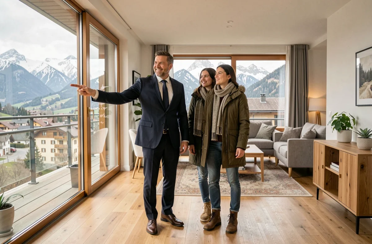 Agent Laforêt faisant visiter un appartement en location à un couple avec vue sur les Alpes en Rhône-Alpes