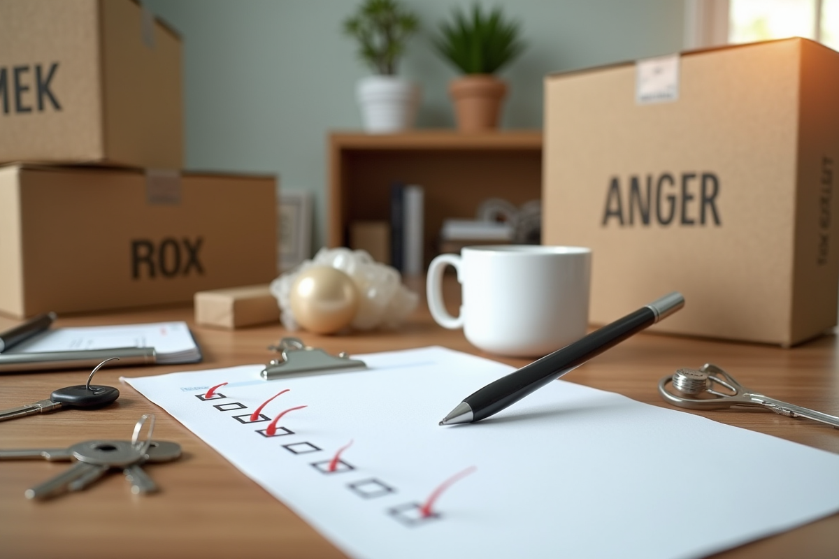 Checklist et clés sur une table de cuisine avec cartons