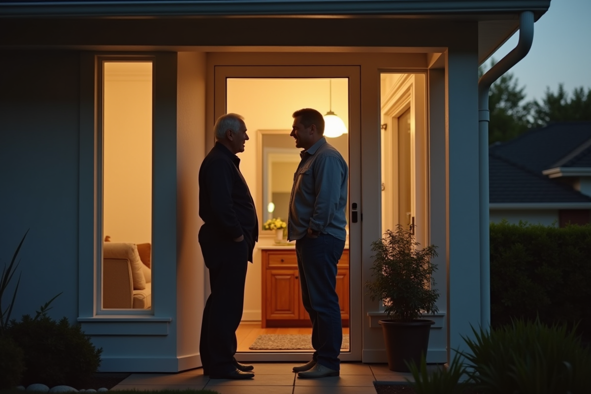 Locataire et propriétaire discutant devant une maison lumineuse