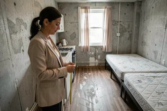 Locataire mesurant la surface d'un petit studio pour vérifier la conformité à la surface minimale légale de location