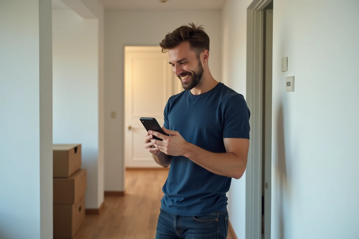 Homme consultant son espace client locataire MyFoncia sur smartphone lors d'un emménagement