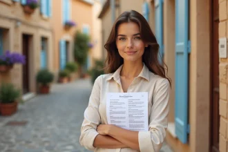 Femme tenant une annonce de location devant une maison en pierre typique de l'Aude avec des volets bleus et des tuiles en terre cuite