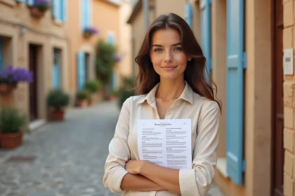 Femme tenant une annonce de location devant une maison en pierre typique de l'Aude avec des volets bleus et des tuiles en terre cuite