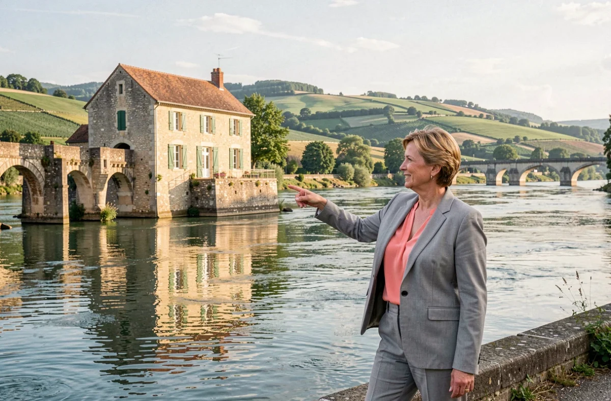 Agente Mâcon Habitat au bord de la Saône pointant vers une maison mâconnaise en pierre à Mâcon