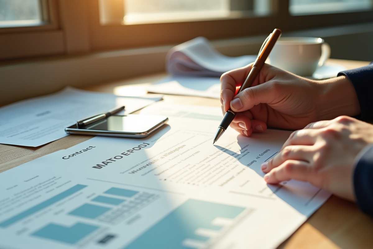 Main signant un contrat immobilier sur une table en bois