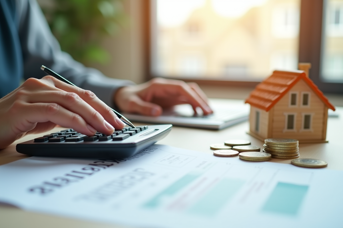Mains utilisant une calculatrice et signant des documents de location avec une maison miniature