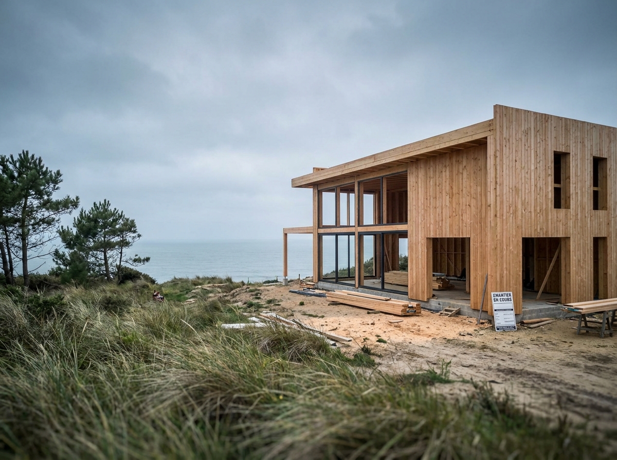 Maison en bois en construction face à l'océan Atlantique à Saint-Nazaire, charpente en douglas et vue mer