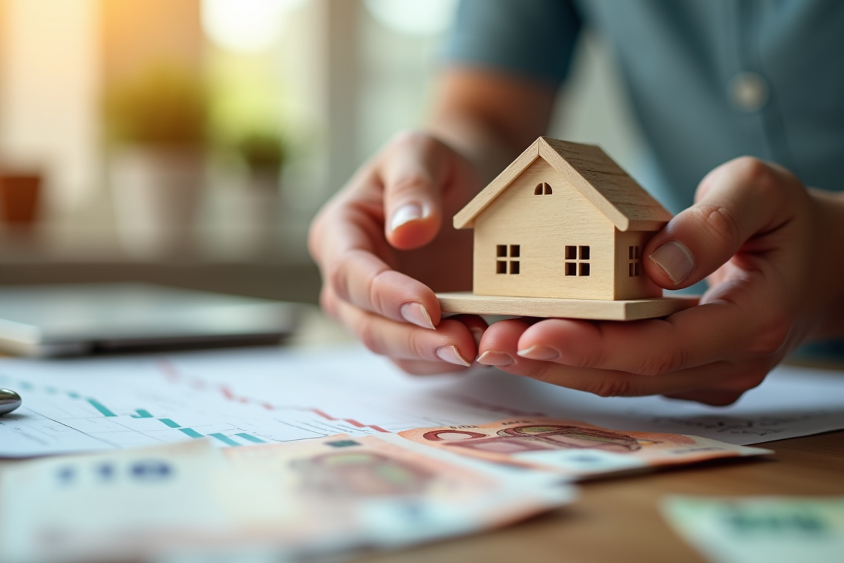 Mains tenant une maison en bois avec des billets d