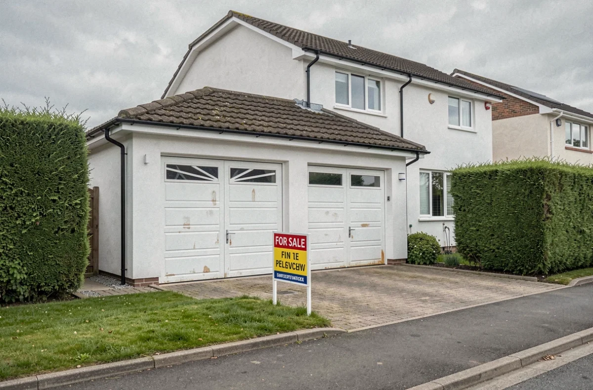 Façade d'une maison individuelle avec double garage et panneau à vendre, montrant l'importance du garage dans l'évaluation immobilière et le prix de revente