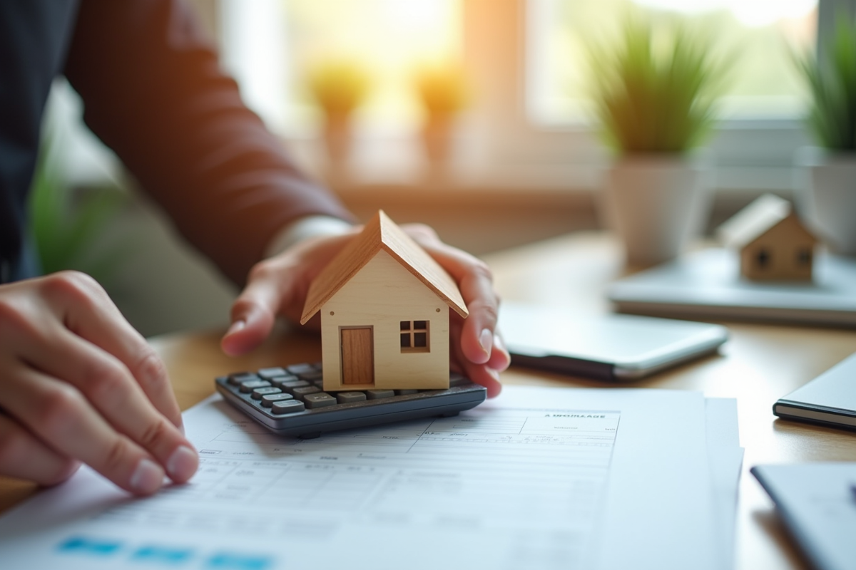 Mains tenant une maison en bois au-dessus d une calculatrice