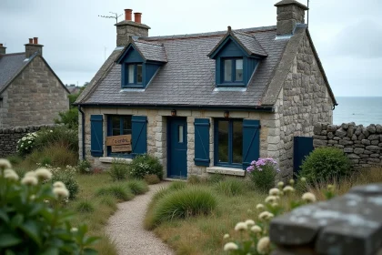 Maison de pêcheur bretonne en pierre à vendre avec volets bleus et jardin côtier