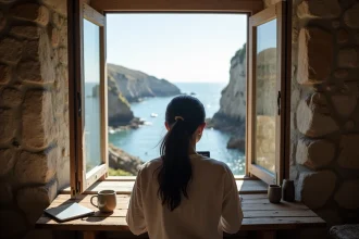 Télétravaileuse dans une maison de pêcheur en Bretagne avec vue mer par la fenêtre