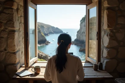 Télétravaileuse dans une maison de pêcheur en Bretagne avec vue mer par la fenêtre