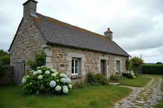 Maison en pierre bretonne à rénover avec façade en granit ancien et jardin naturel en Bretagne
