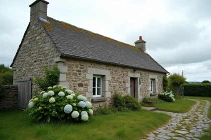 Maison en pierre bretonne à rénover avec façade en granit ancien et jardin naturel en Bretagne