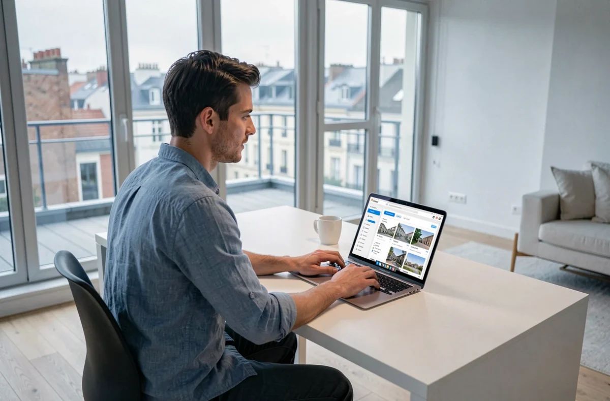 Jeune propriétaire gérant ses locations en ligne depuis un appartement moderne à Lyon via la plateforme Manda
