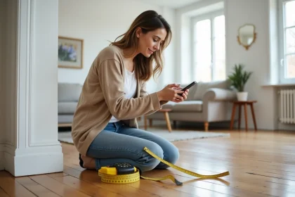 Femme mesurant un salon lumineux avec un m&egrave;tre ruban