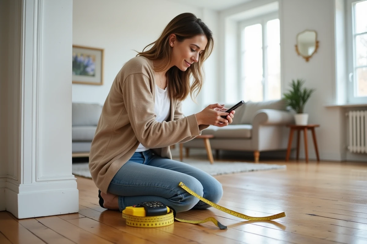 Femme mesurant un salon lumineux avec un mètre ruban