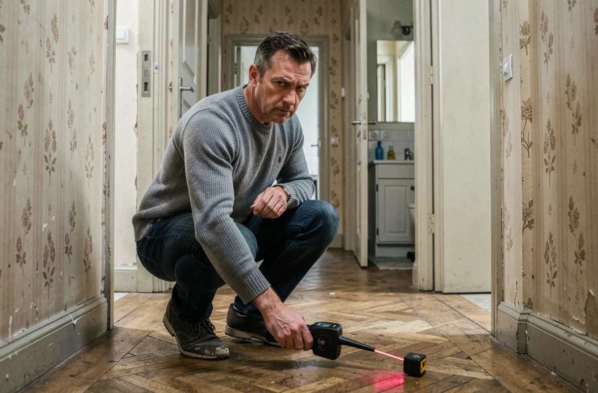 Propriétaire ou locataire mesurant au laser la superficie réelle d'un couloir dans un appartement ancien pour détecter une annonce mensongère