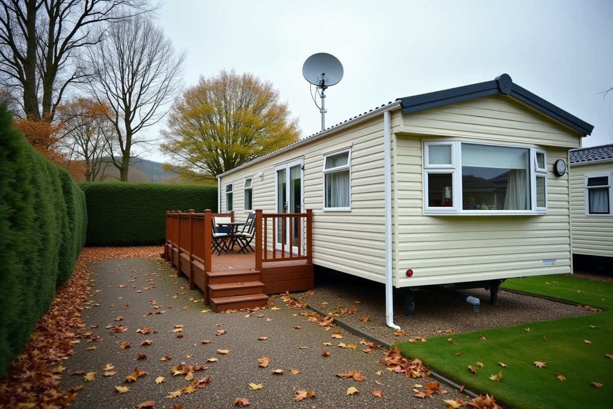 Mobil-home d'occasion bien entretenu dans un camping ouvert à l'année en automne, prêt à la vente en 2026