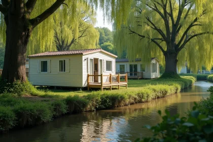 Mobil-home sur parcelle boisée en bord de rivière en Vendée avec terrasse en bois