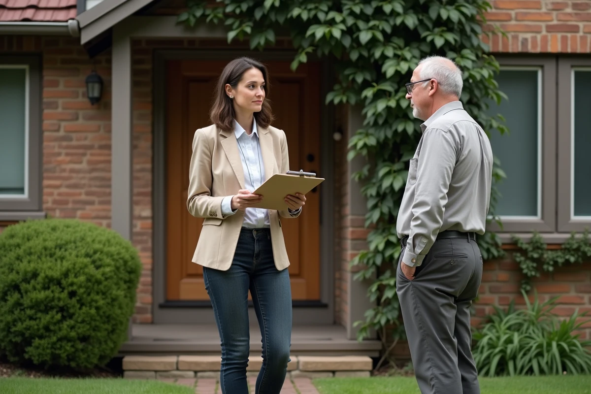 Femme en négociation de loyer avec un propriétaire devant une maison avec jardin