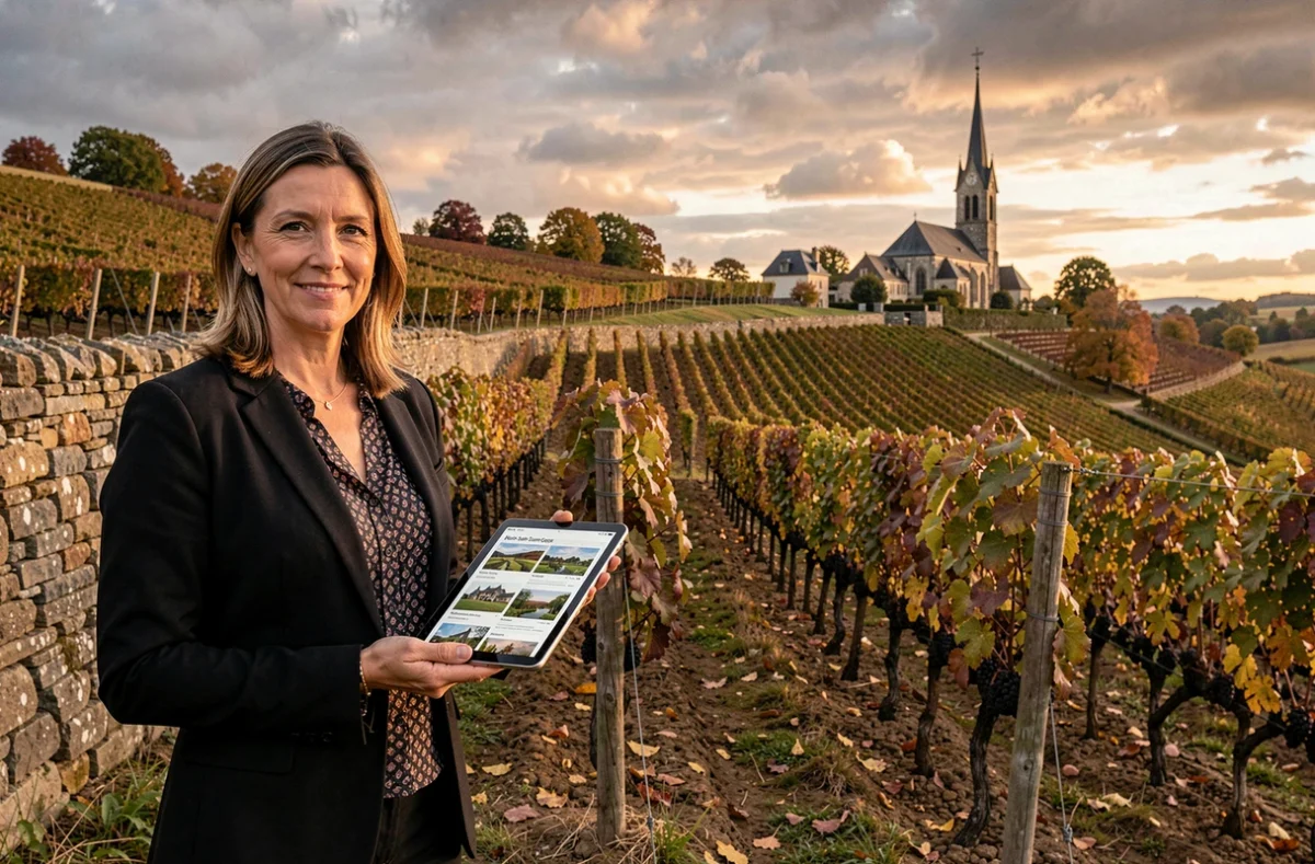 Agente Neyrat Immobilier devant un vignoble de Pinot Noir à Nuits-Saint-Georges en automne
