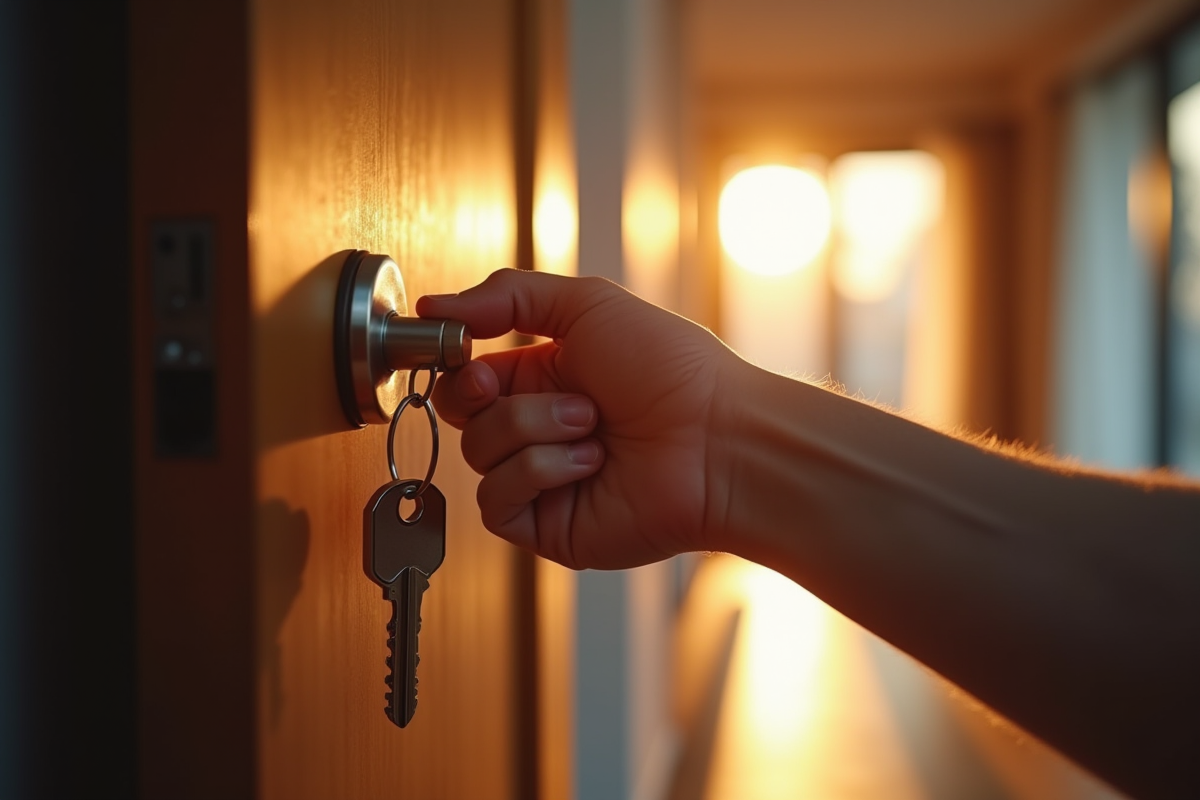 Personne ouvrant la porte d'un appartement moderne avec une clé