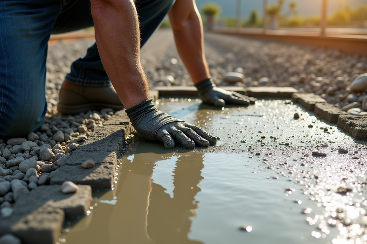 Ouvrier nivelant du beton frais en plein air