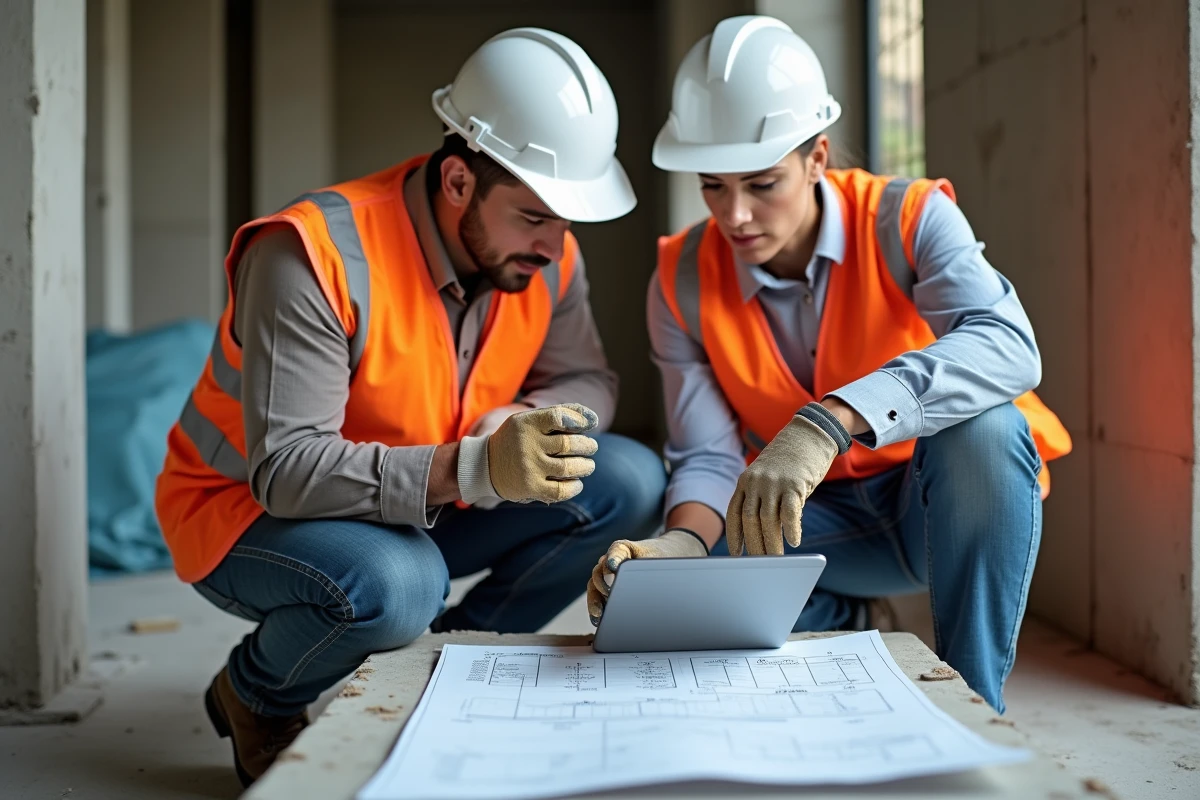Deux ouvriers du BTP consultant une application de location de matériel sur tablette sur un chantier de rénovation parisien