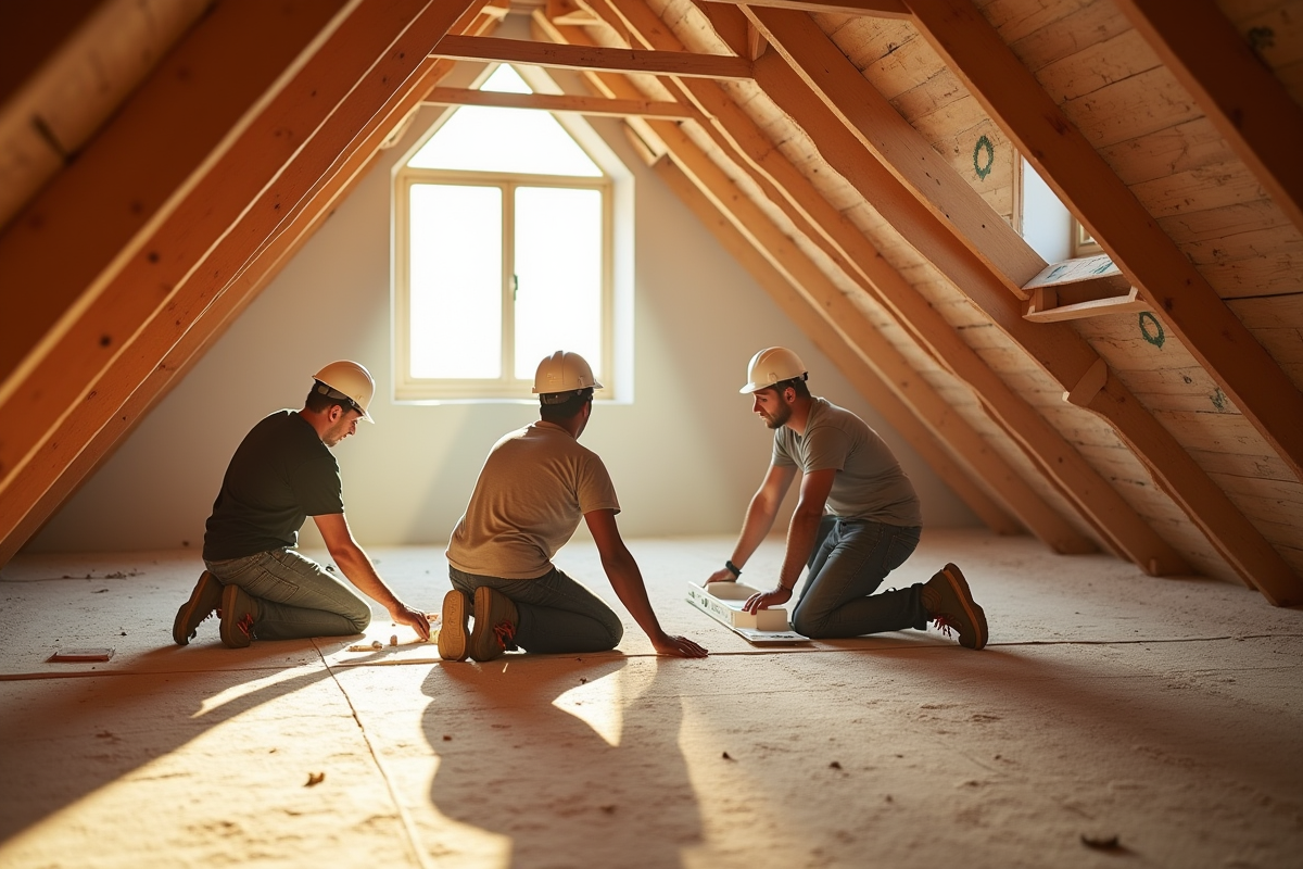 Ouvriers installant l isolation dans un comble lumineux