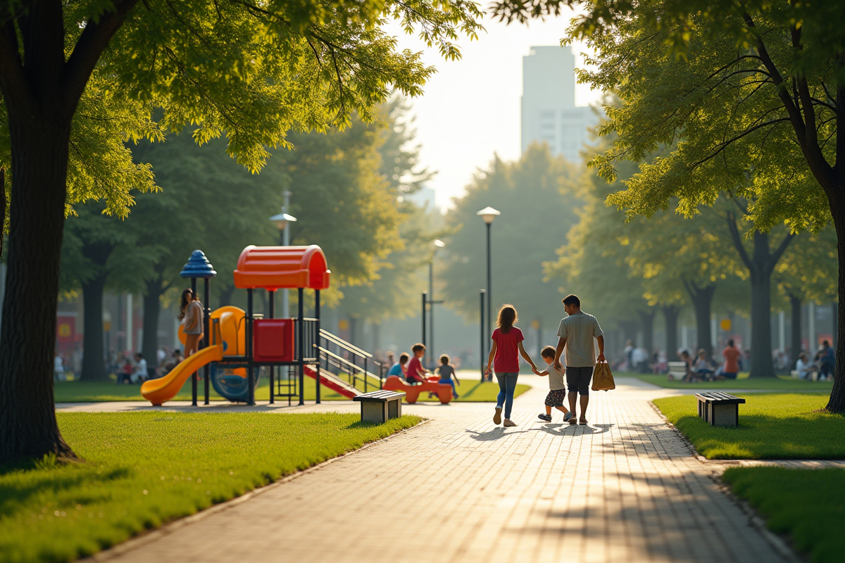 Parc urbain en journée avec enfants jouant et familles se promenant
