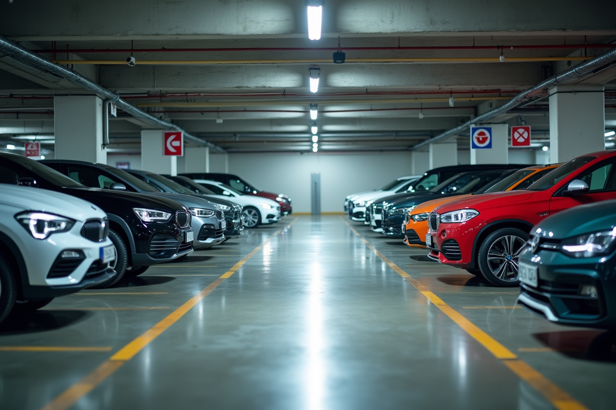 Parking souterrain avec voitures bien entretenues et lumière naturelle