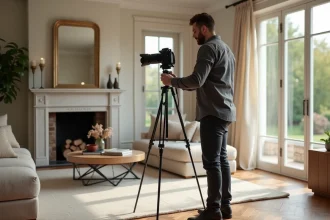 Photographe immobilier professionnel cadrant un salon de prestige avec parquet en chevrons et cheminée en marbre pour une estimation haut de gamme