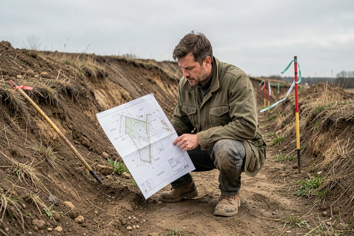 Architecte paysagiste sur un terrain en pente comparant un plan de coupe imprimé à la topographie réelle d'un chantier de construction
