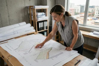 Ingénieure civil analysant un plan de coupe terrain avec des courbes de niveau et annotations de pente sur une table à dessin en studio d'architecture