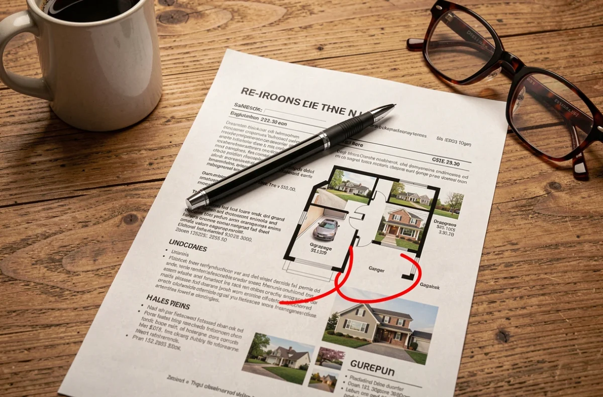 Plan immobilier posé sur un bureau avec le garage encerclé en rouge, symbolisant l'influence de la définition du garage sur l'estimation et le prix de vente d'un bien