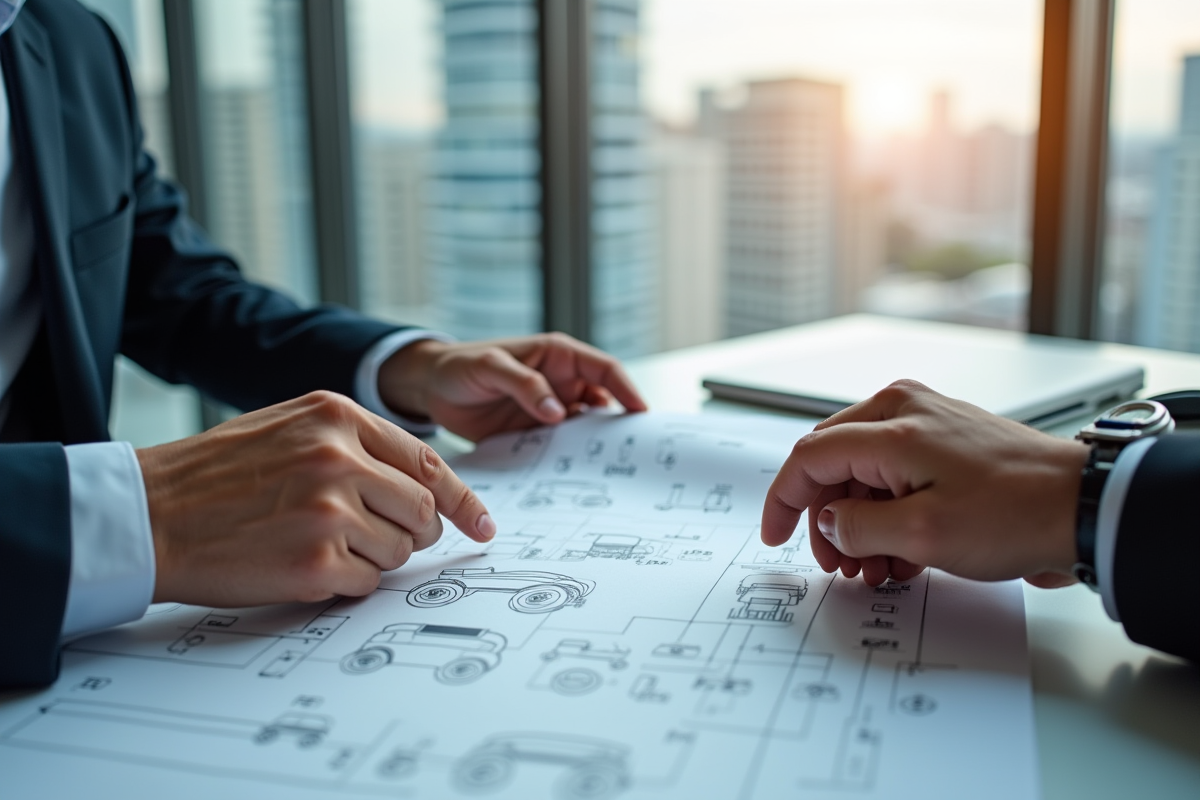 Agent immobilier et client analysant un plan de stationnement