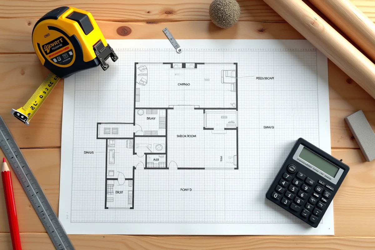 Vue du dessus d'un plan de surface dessiné à la main avec mètre ruban et calculatrice pour calculer des mètres carrés