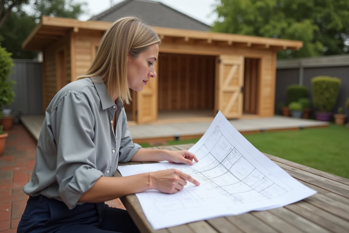 Femme consultant les plans de construction d'un abri de jardin avec les règles de distance à respecter