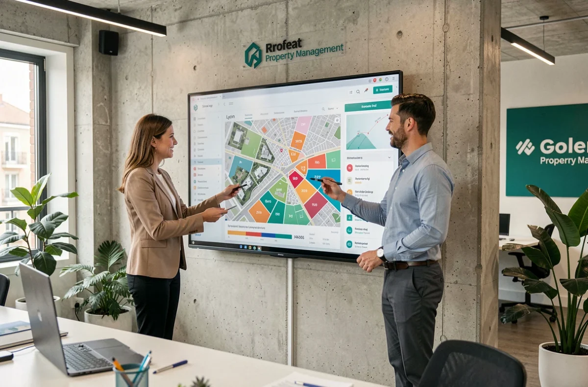 Deux professionnels de l'agence Plusse collaborant sur une interface digitale innovante de gestion locative à Lyon