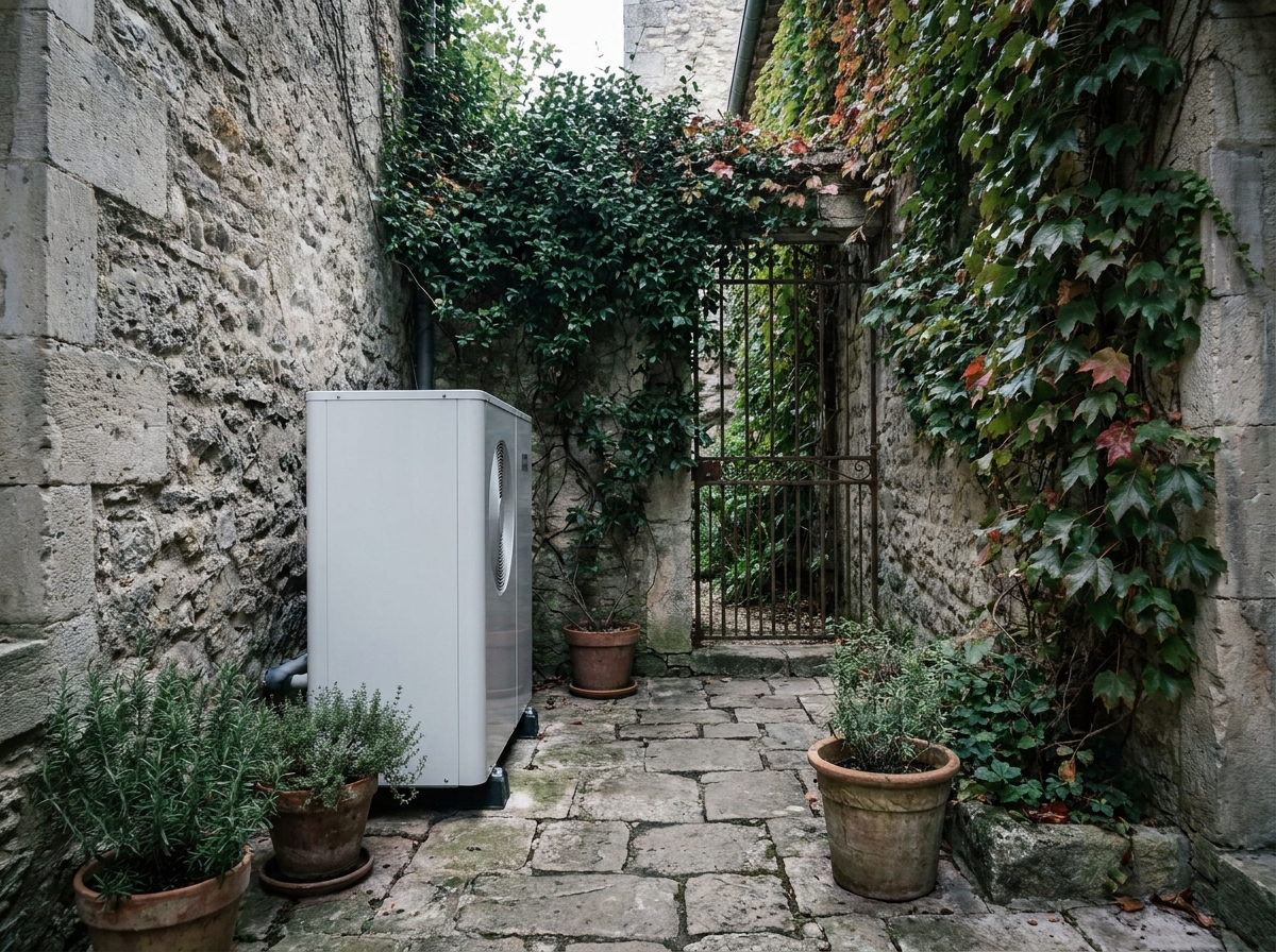 Pompe à chaleur air eau intégrée discrètement dans la cour en pierre d'une maison ancienne avec lierre