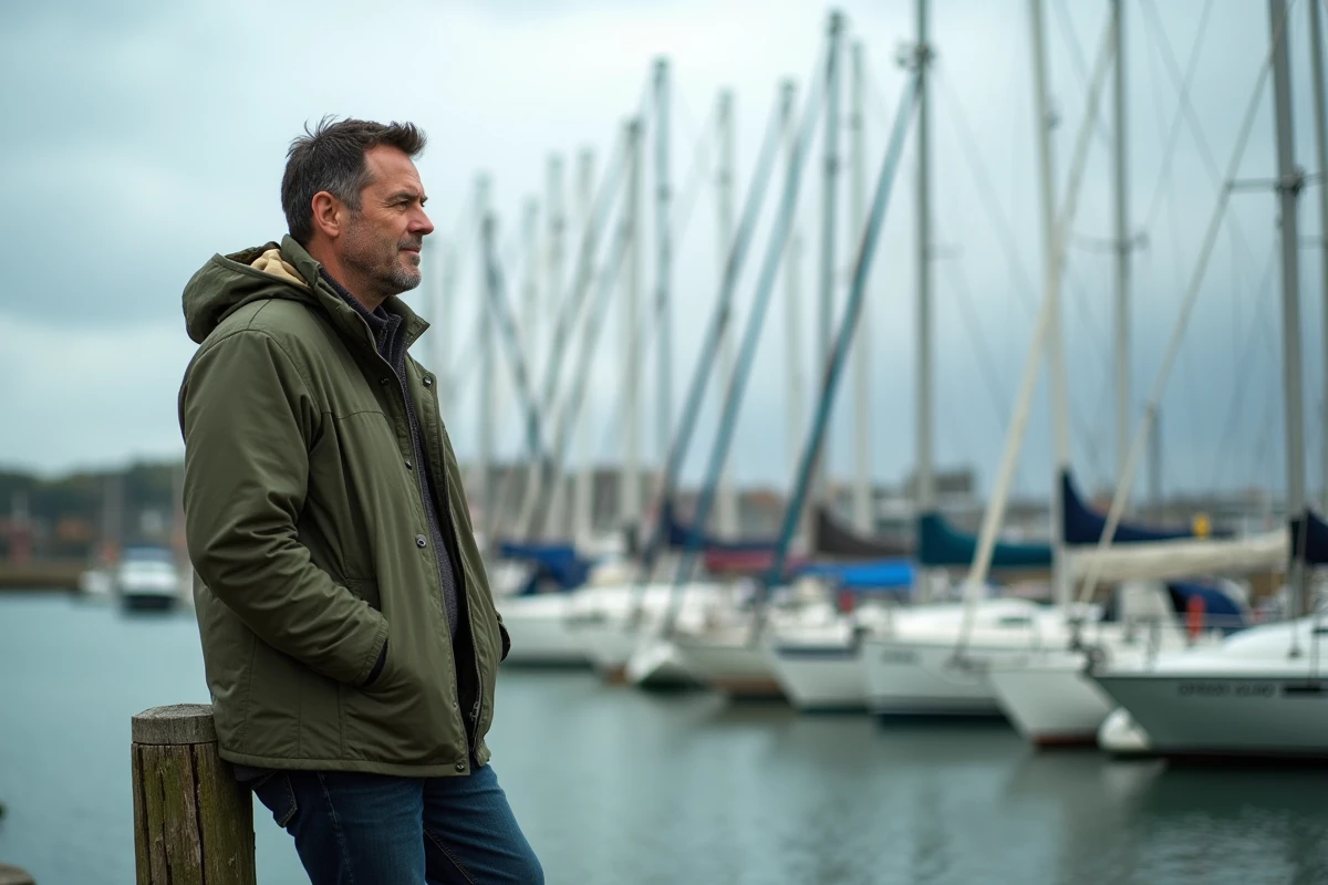 Homme au port de plaisance du Bas-Sablons à Saint-Malo entouré de voiliers amarrés
