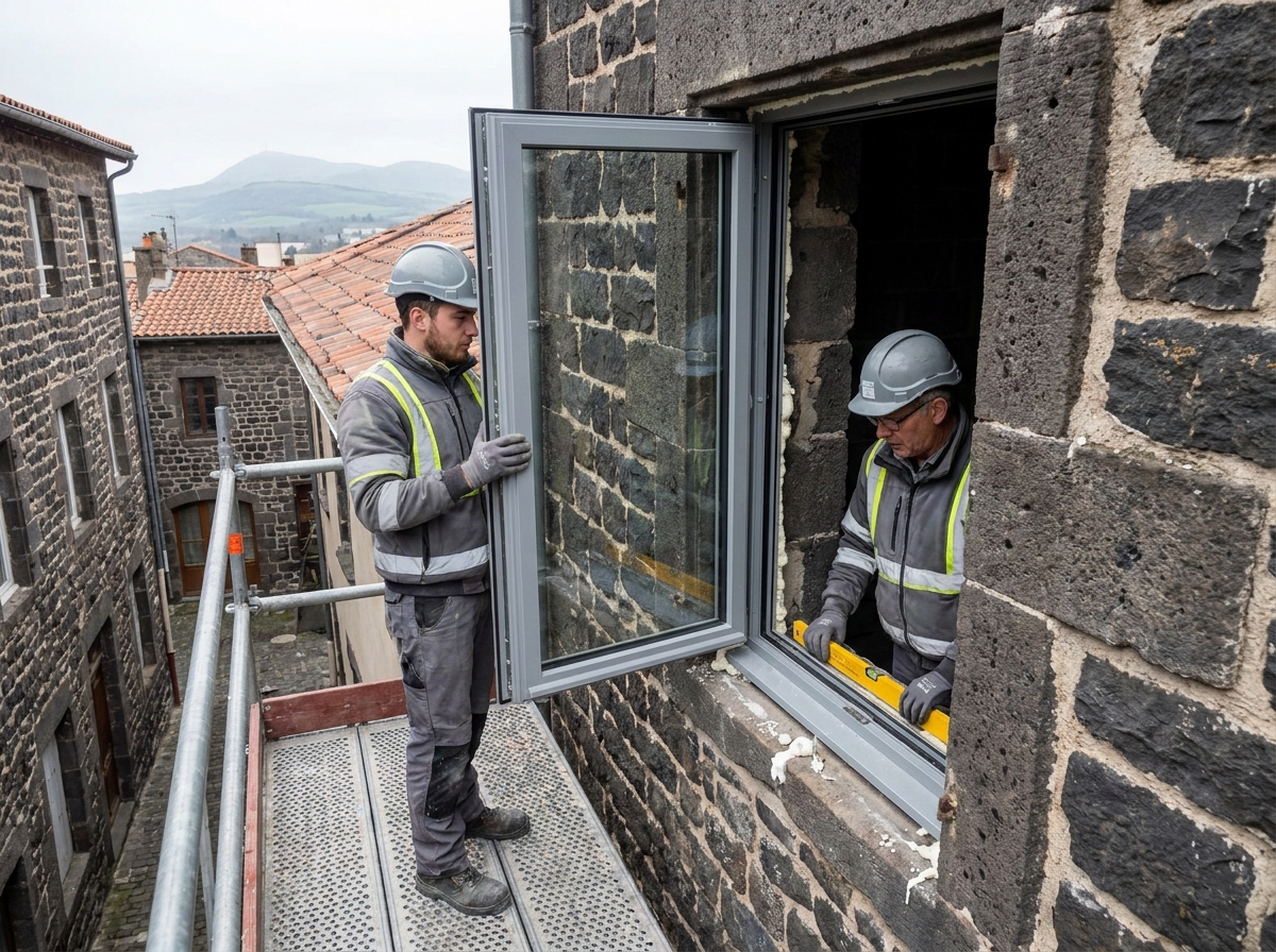 Deux ouvriers posant une fenêtre à double vitrage dans un mur en pierre volcanique lors d'une rénovation à Clermont-Ferrand