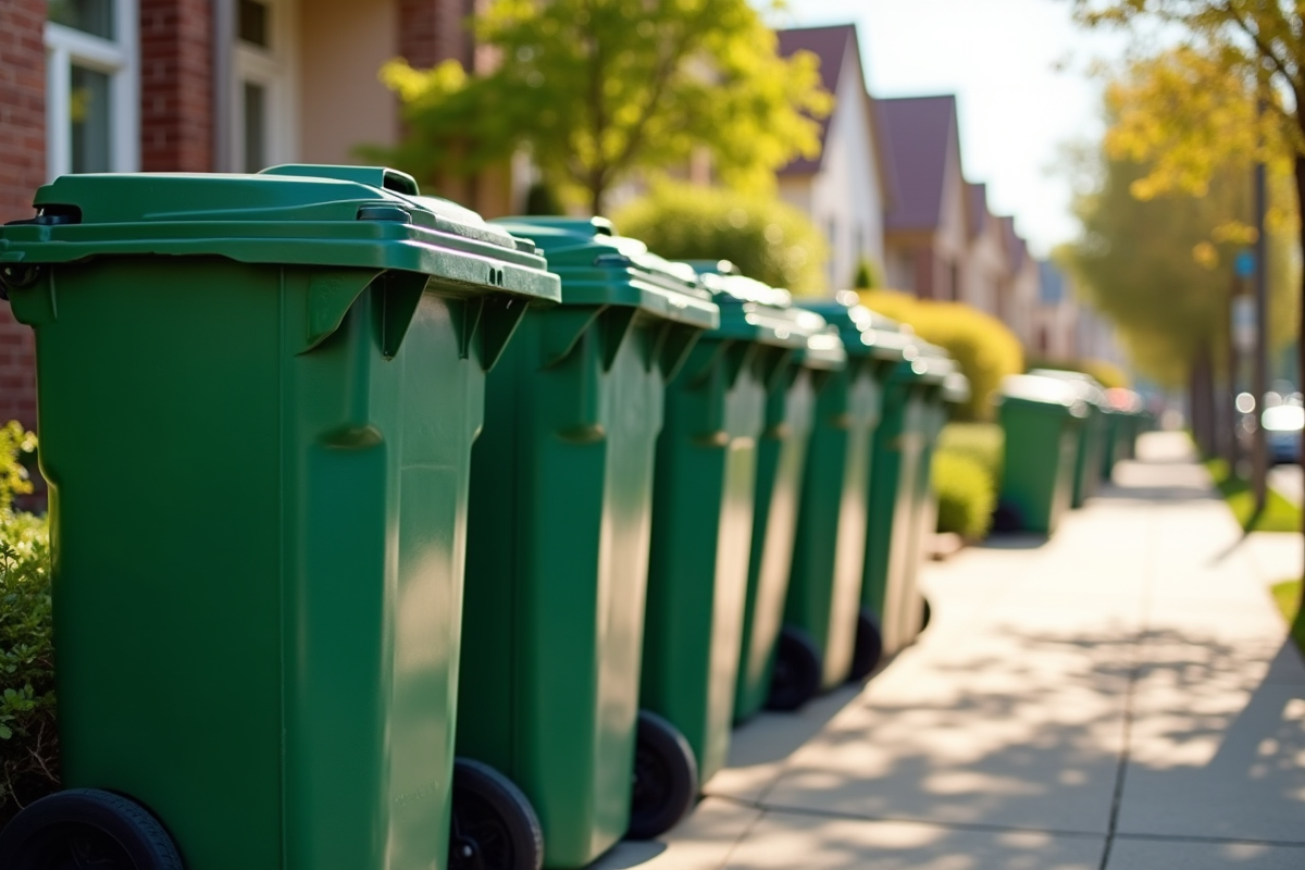Poubelles vertes alignées sur le trottoir résidentiel ensoleillé